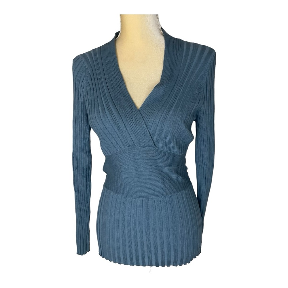 CAbi Blue Ribbed Knit V Neck Sweater Silk Cotton Size Large